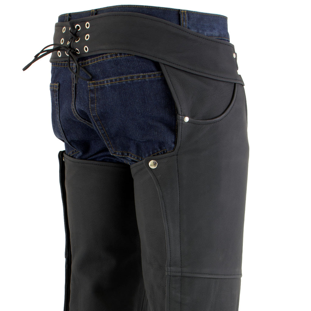 Milwaukee Leather LKM5717 Men's Flat Black Premium Leather Motorcycle Rider Biker Chaps w/ Jean Pockets