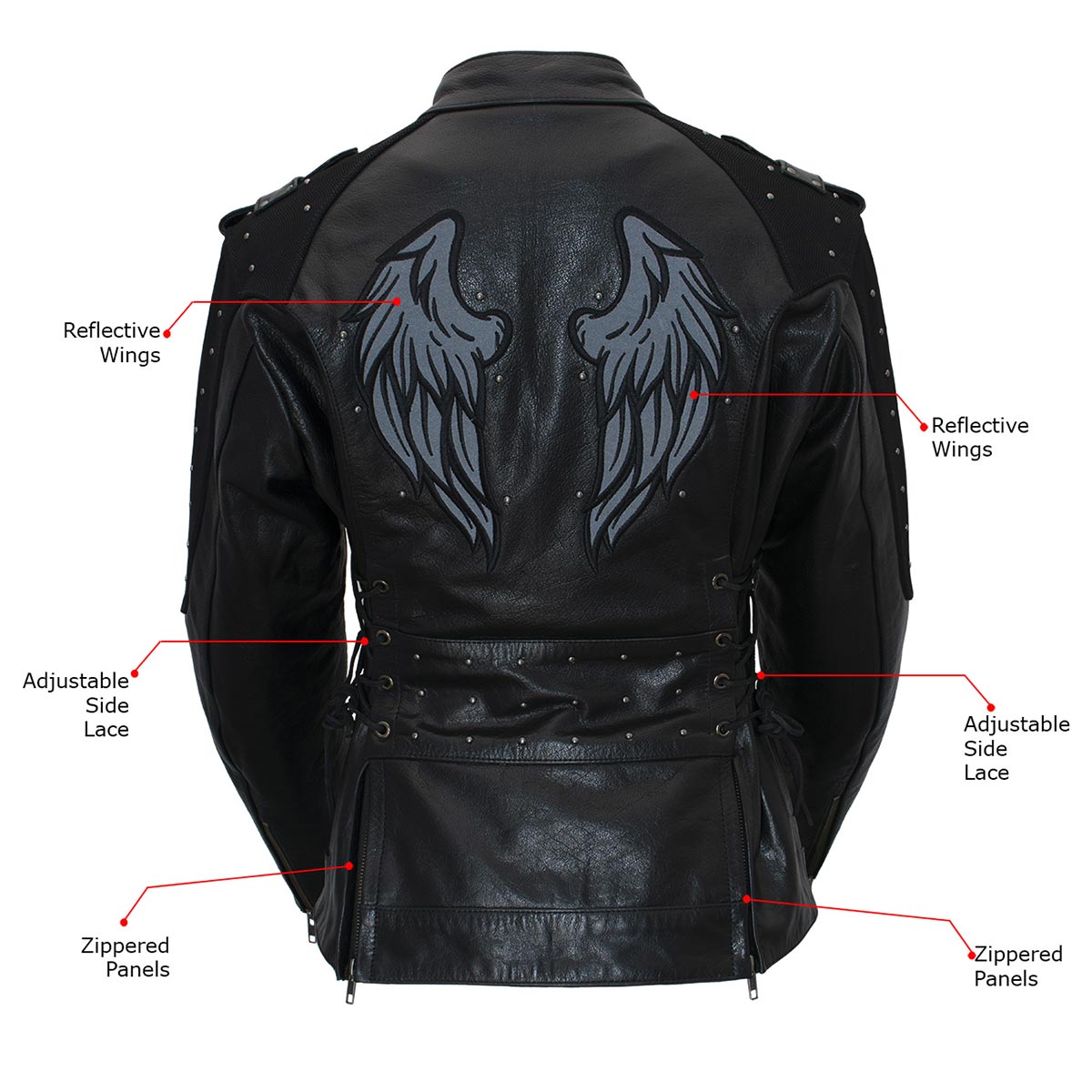 Milwaukee Leather LKL27005 Women's Scuba Style Black Leather Motorcycle Biker Jacket w/ Reflective Wings and Studs