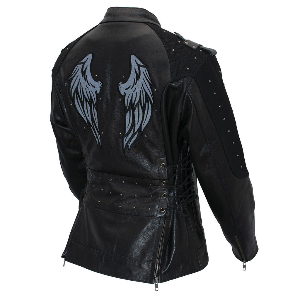 Milwaukee Leather LKL27005 Women's Scuba Style Black Leather Motorcycle Biker Jacket w/ Reflective Wings and Studs