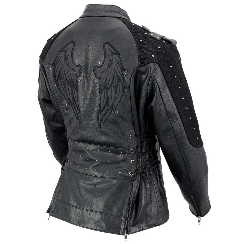 Milwaukee Leather LKL27005 Women's Scuba Style Black Leather Motorcycle Biker Jacket w/ Reflective Wings and Studs