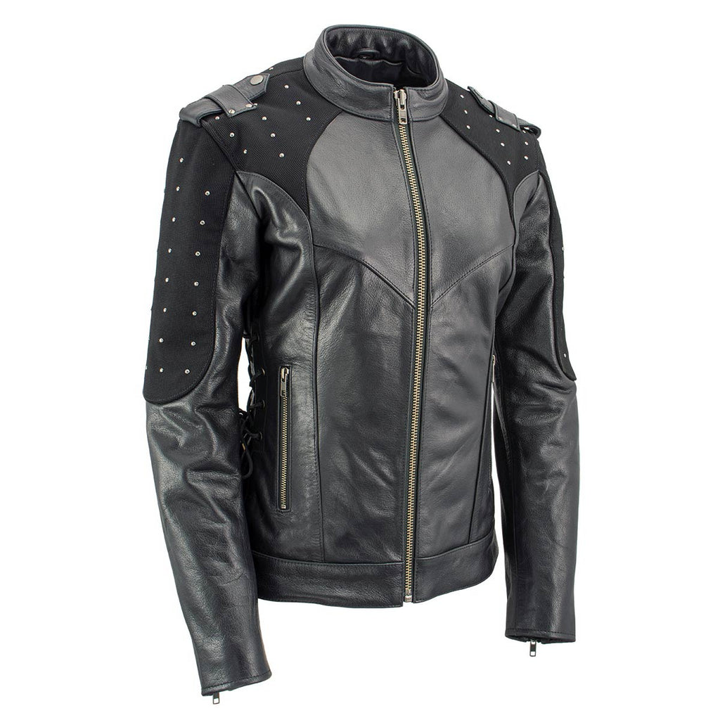 Milwaukee Leather LKL27005 Women's Scuba Style Black Leather Motorcycle Biker Jacket w/ Reflective Wings and Studs