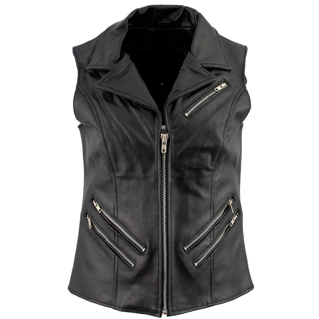 Ladies XS773 Black Zippered M/C Lapel Leather Vest
