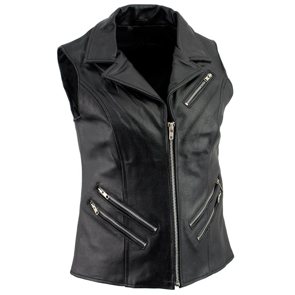Ladies XS773 Black Zippered M/C Lapel Leather Vest