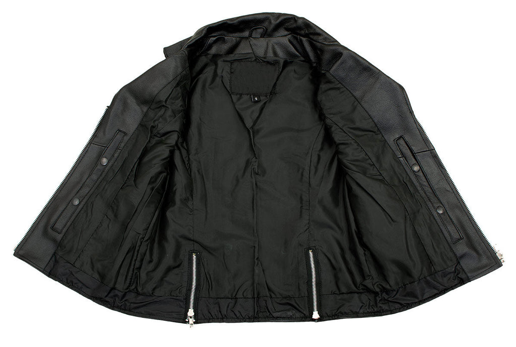 Ladies XS773 Black Zippered M/C Lapel Leather Vest