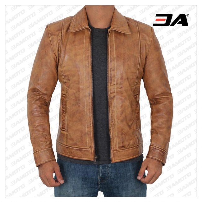 Reeves Yellow Distressed Leather Jacket Mens
