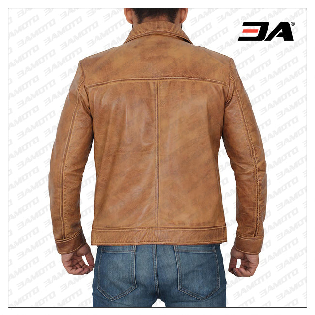 Reeves Yellow Distressed Leather Jacket Mens