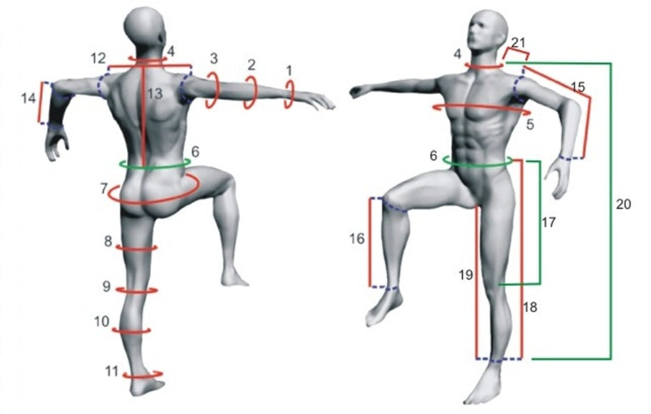 Front and back body diagram showing chest, waist, hips, shoulder, sleeve and leg measurement positions.